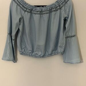 Walter Baker Blue Off Shoulder Boho Top Size M Cropped Bell Sleeve